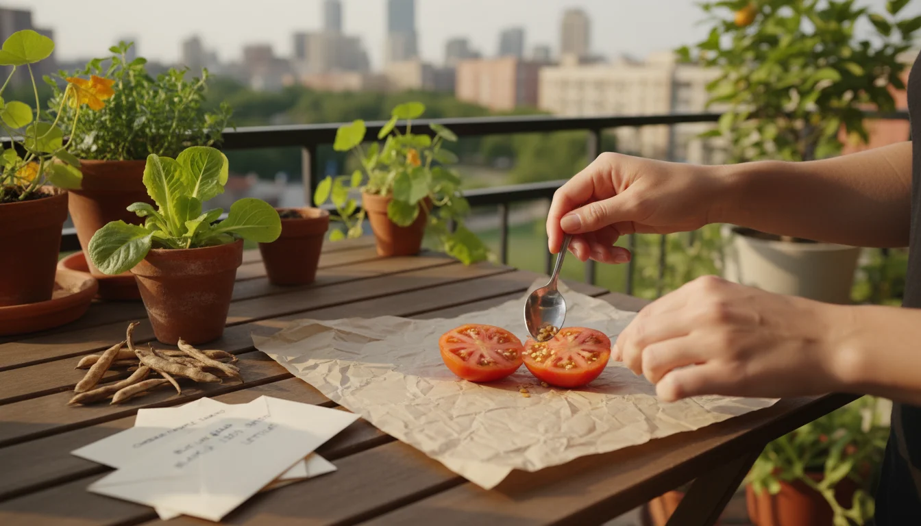 Hands spooning seeds from a sliced heirloom tomato onto paper on a sunny balcony table, with dried bean pods and small seed envelopes nearby.