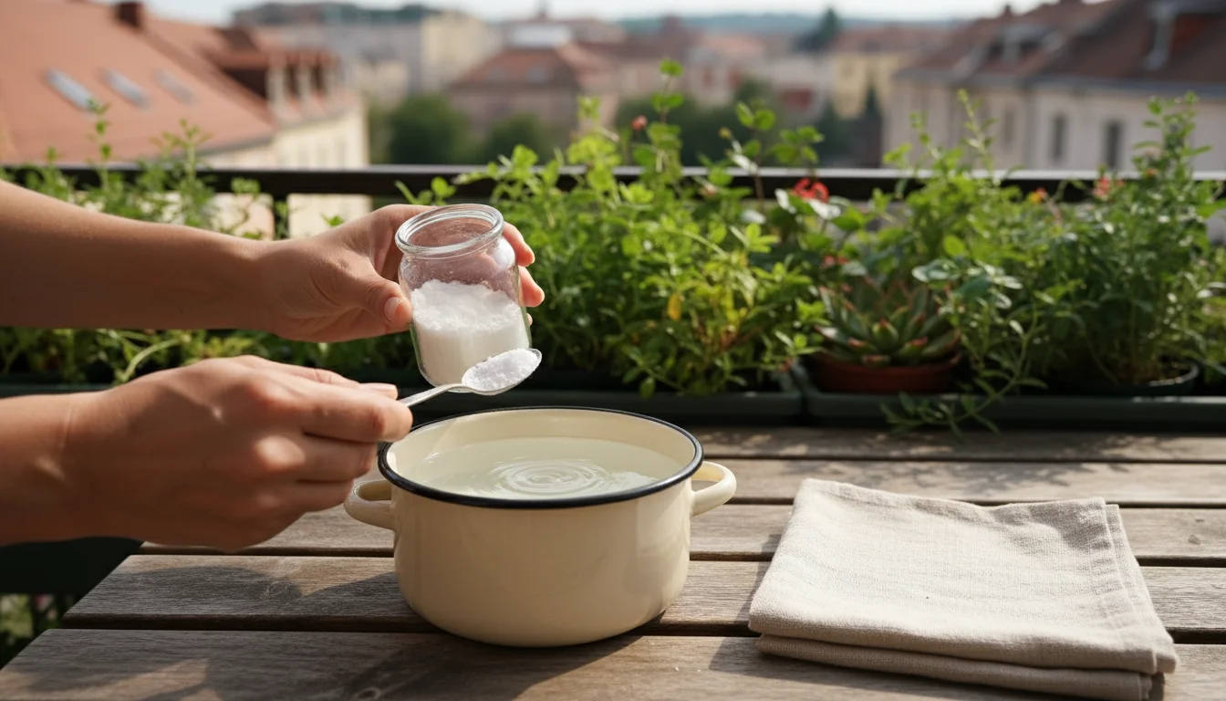 Hands spooning white alum powder from a glass jar into an enamel pot with water on a wooden balcony table, next to undyed fabric.