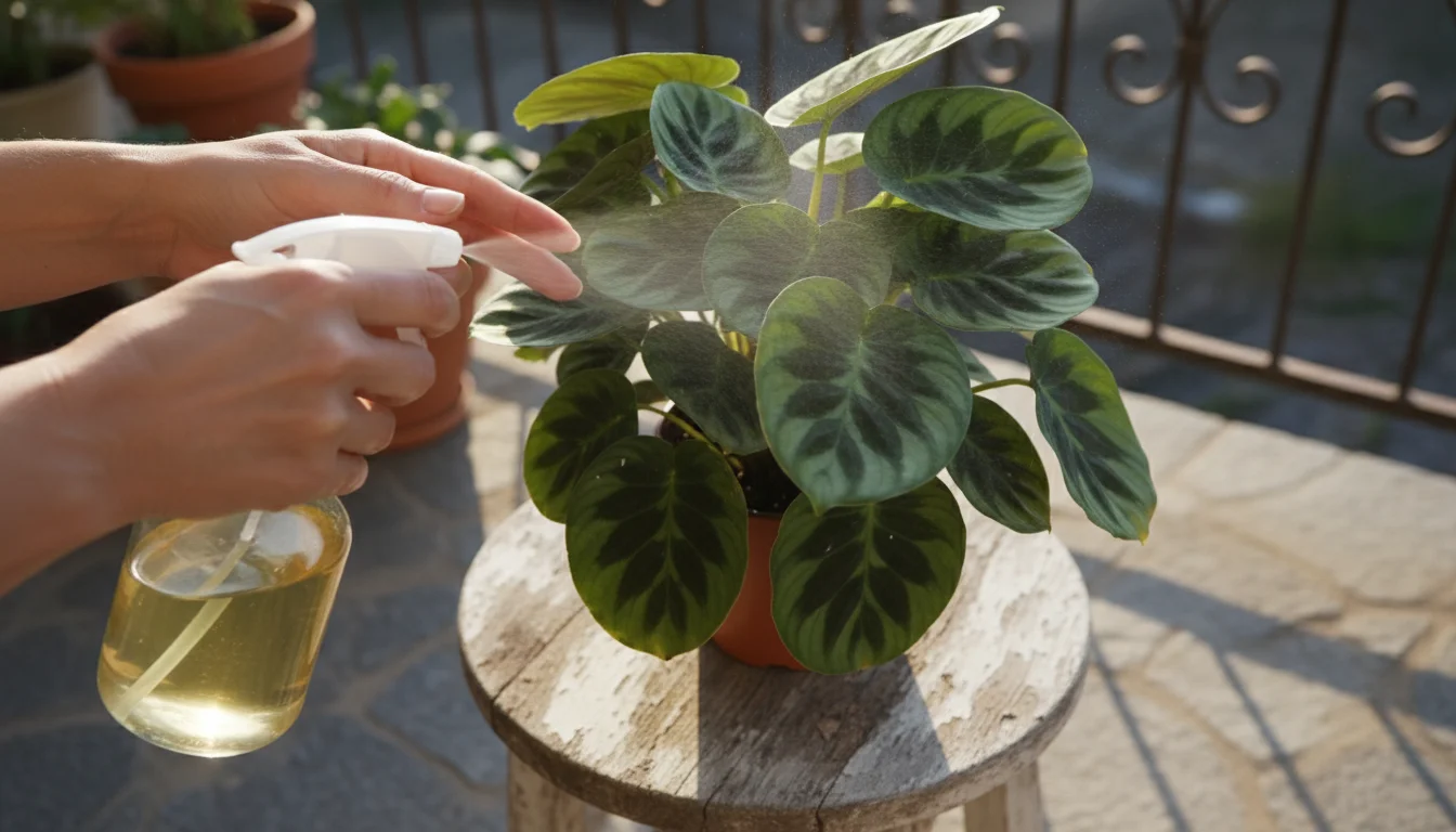 Hands spraying insecticidal soap on the underside of a potted plant's leaves on a balcony.