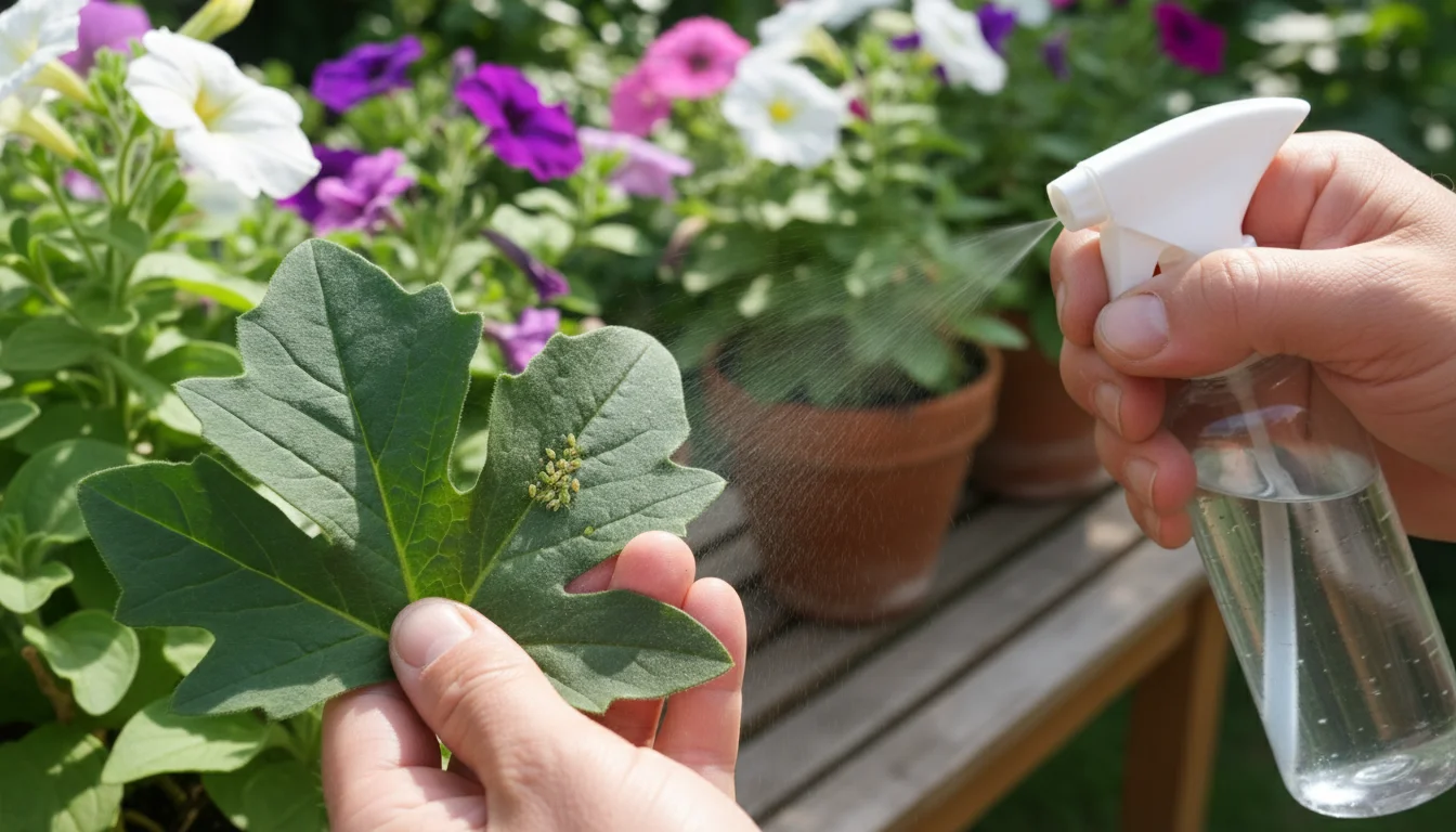 Close-up of hands spraying a marigold leaf with tiny green aphids, in a terracotta pot on a patio table.