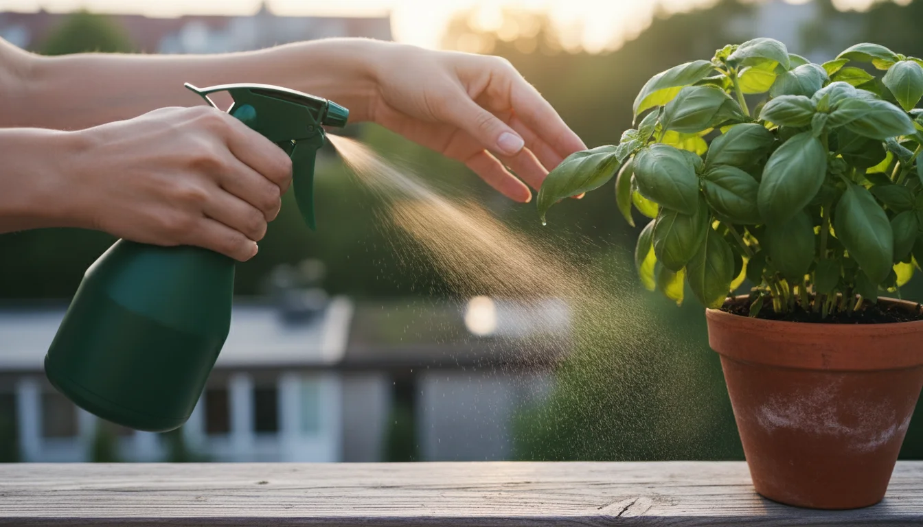 Close-up of hands spraying water onto the underside of basil leaves in a terracotta pot on a sunny balcony railing.
