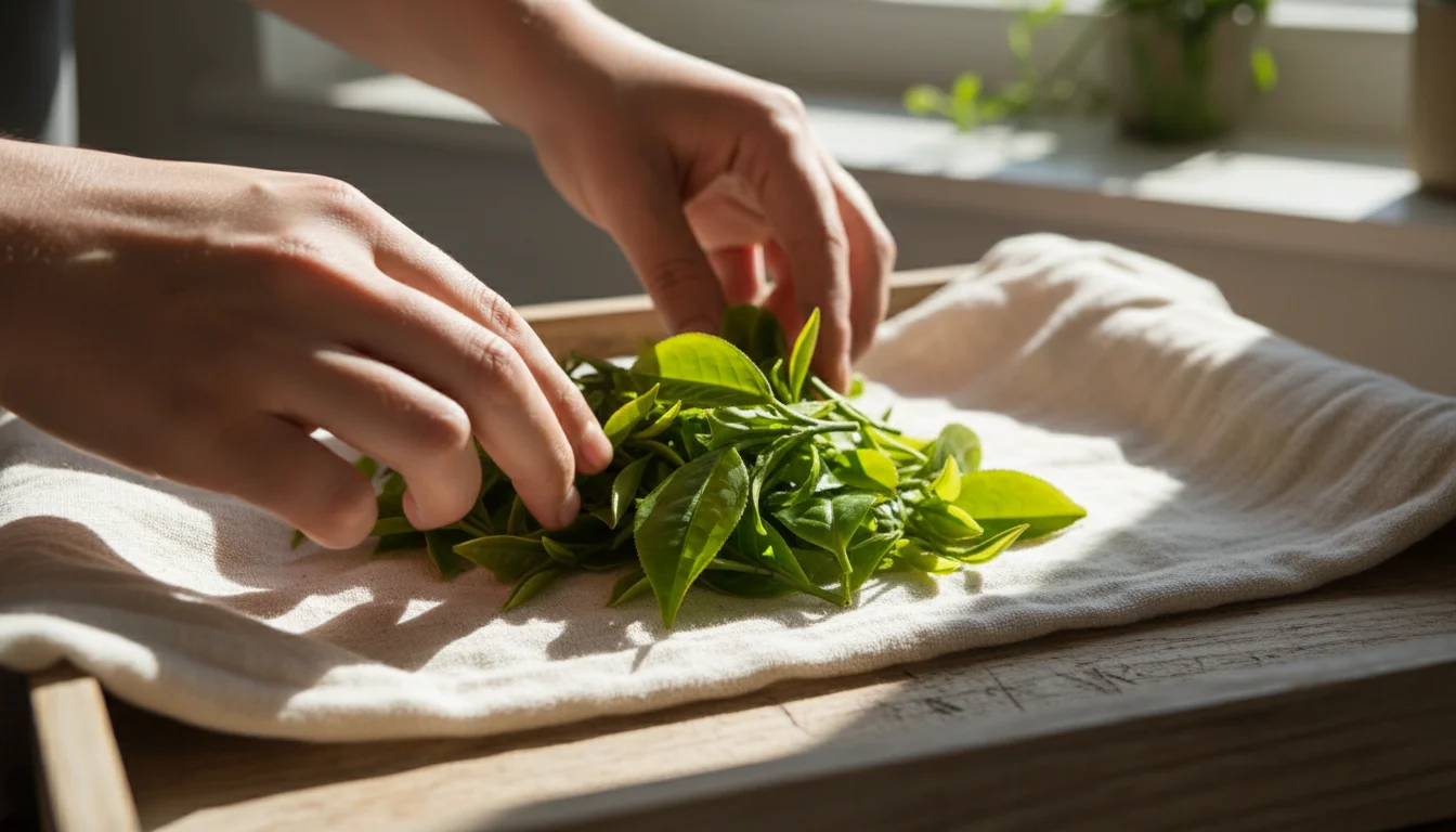 Hands gently spread freshly harvested green tea leaves on a light linen cloth, with a potted tea plant blurred in the background.