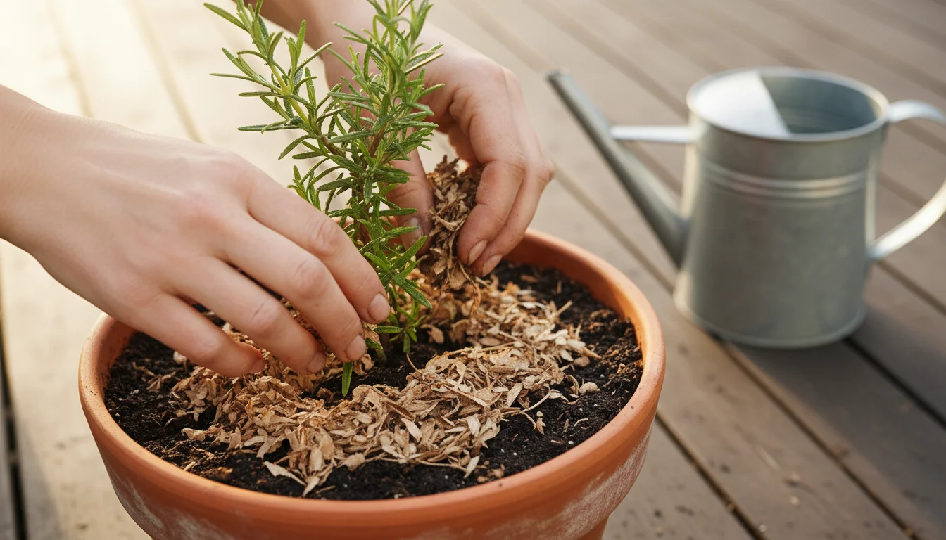 Hands spread shredded leaf mulch over damp soil in a terracotta pot with a rosemary plant. A watering can is partially visible.