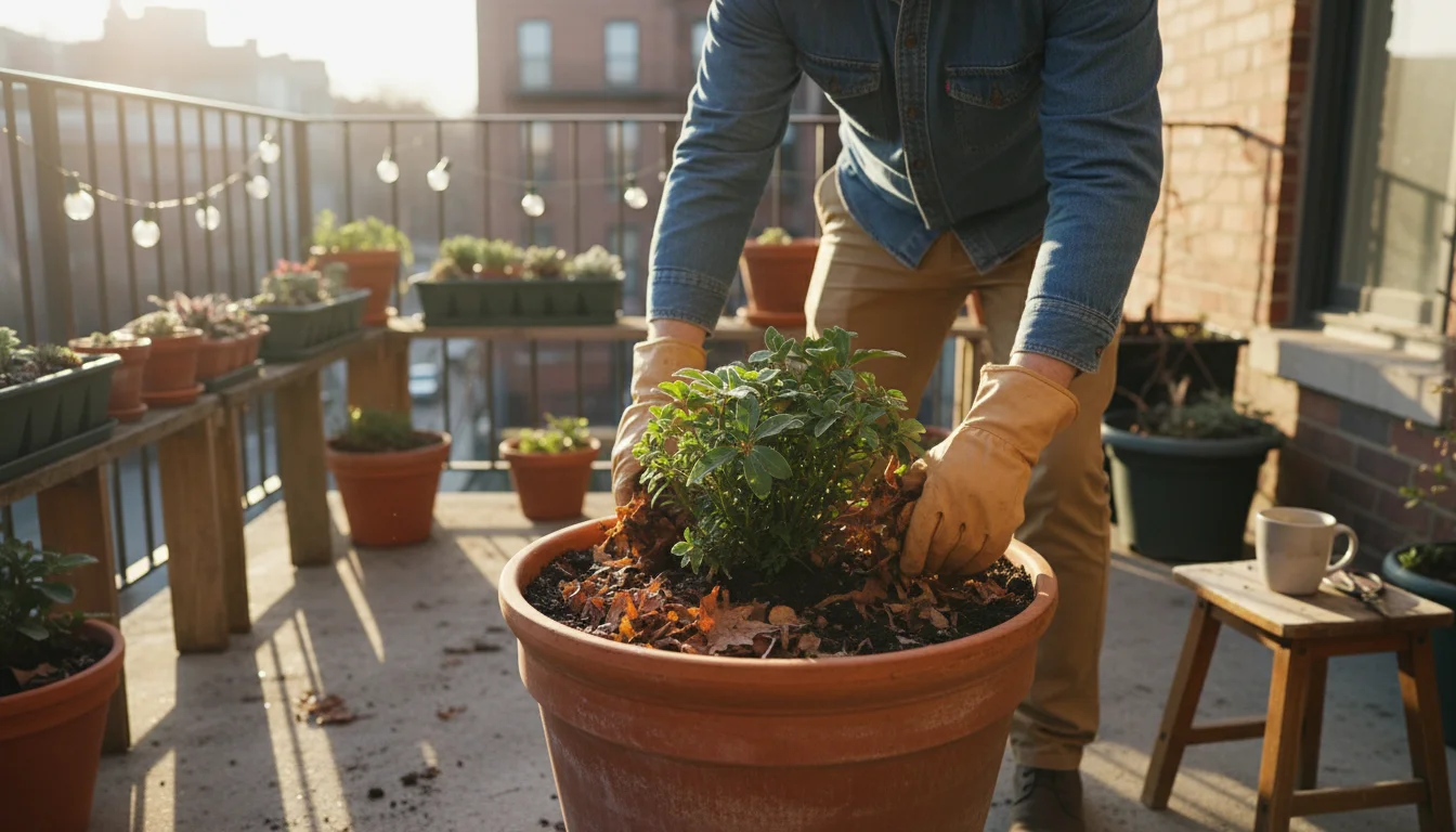 Hands spread shredded leaf mulch onto a terracotta pot on an urban patio. A nearby pot's saucer holds fresh water in gentle morning light.