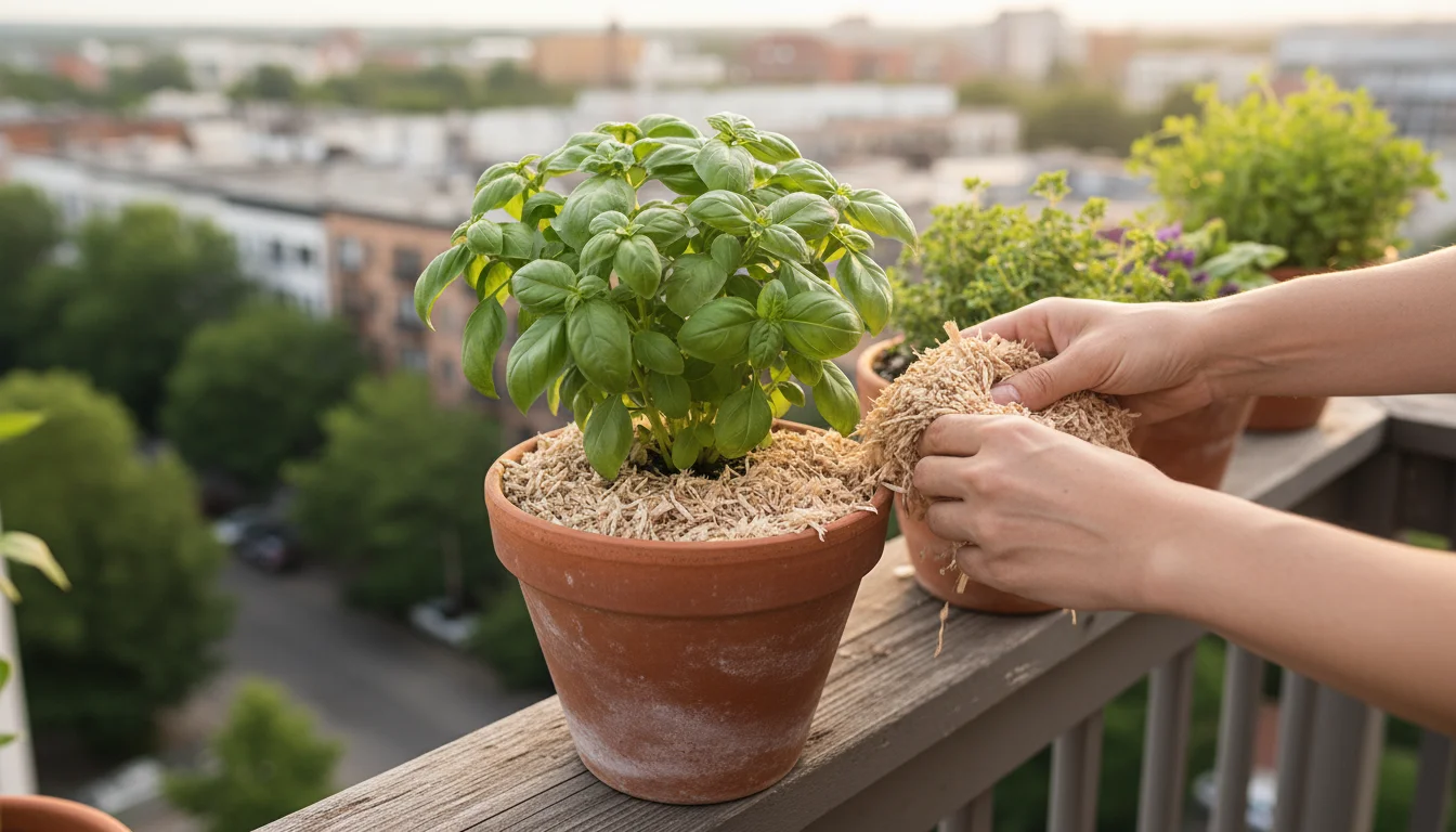 Hands spread shredded wood mulch around a basil plant in a terracotta pot on a balcony railing, illustrating soil protection.