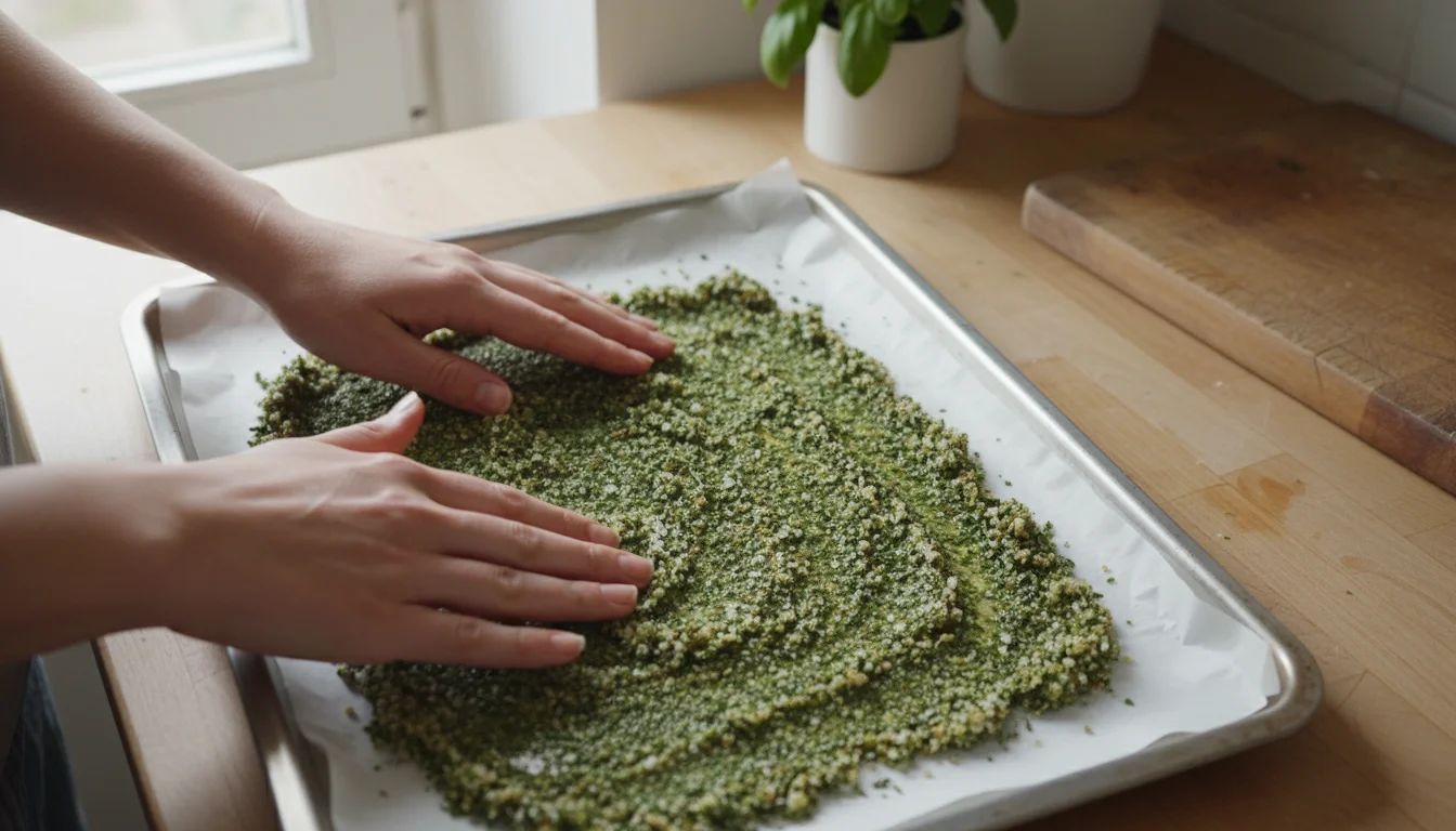 Hands spreading a clumpy, damp green herb salt mixture thinly on a parchment-lined baking sheet to dry.