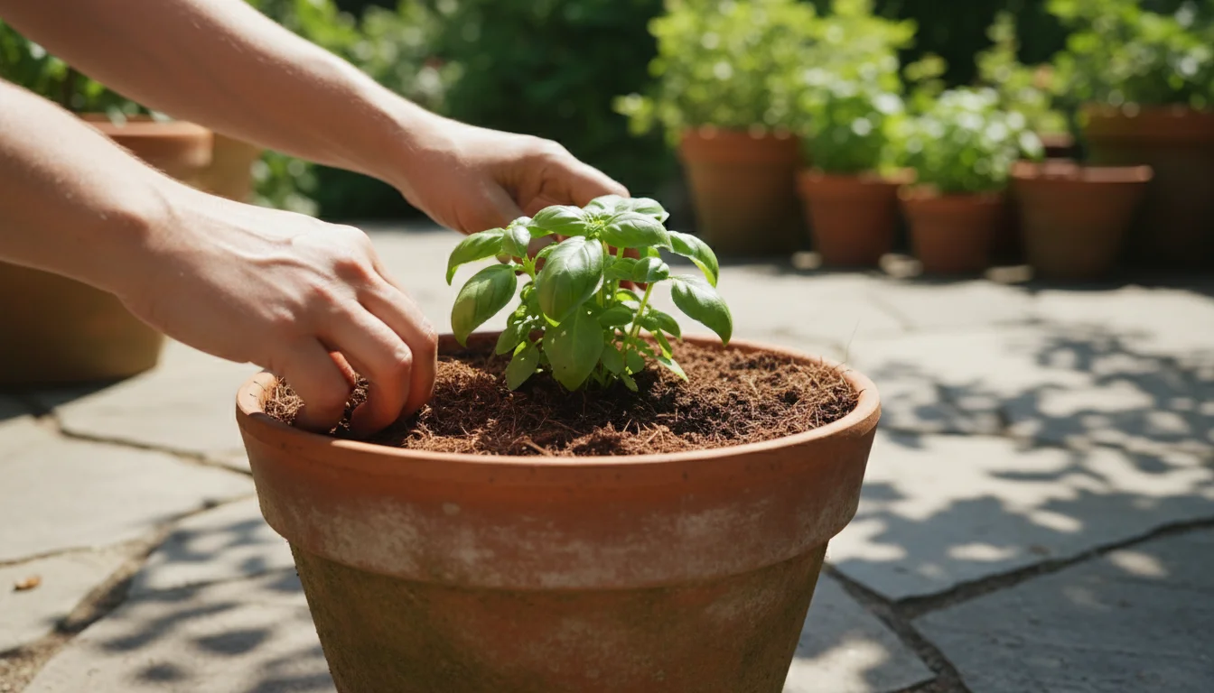 Close-up of hands spreading coco coir mulch around a basil plant in a terracotta pot on a sun-dappled patio, blurred pots in background.