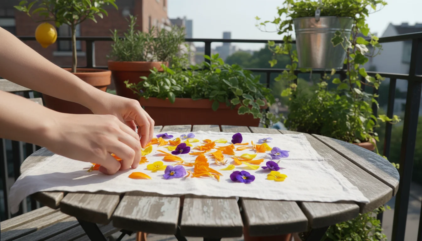 Hands gently spreading colorful edible flower petals on a white towel on a small balcony table, with potted plants in the background.