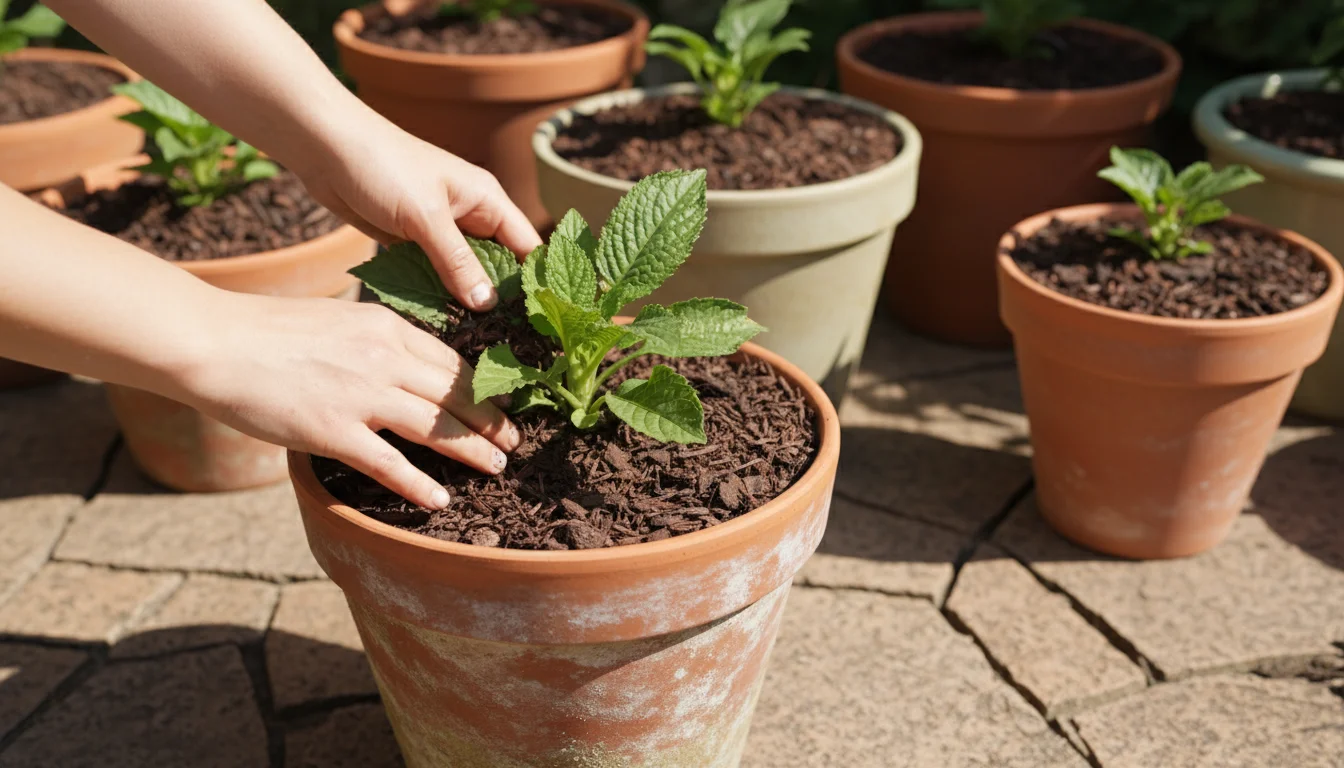 Hands gently spreading dark shredded bark mulch around a green plant in a terracotta pot on a sunny patio.