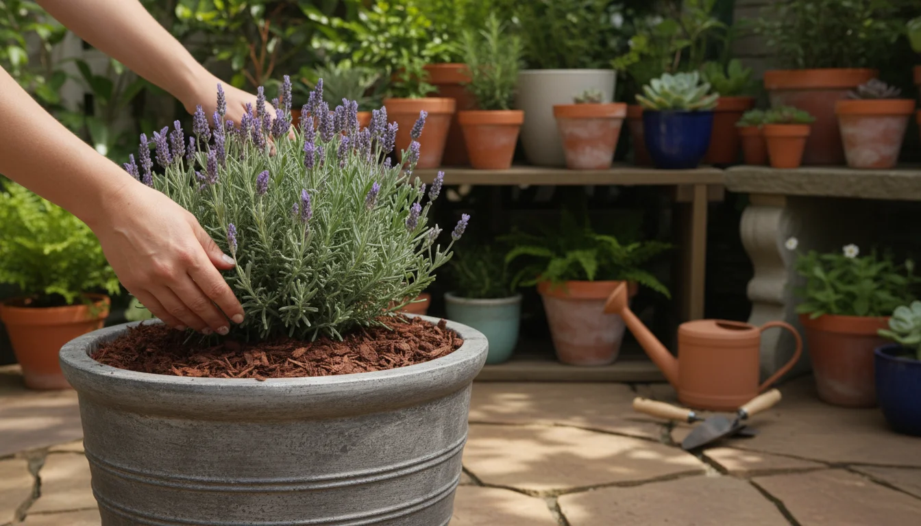 Hands spreading dark shredded bark mulch around a lavender plant in a gray ceramic container on a sunny patio.