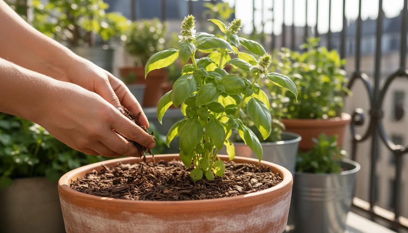 Hands spreading dark shredded bark mulch into a terracotta pot with a basil plant on a sunlit urban balcony.