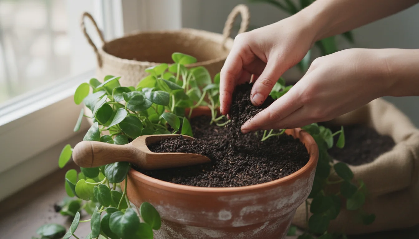 Hands spreading dark worm castings onto a houseplant's soil in a terracotta pot, with a wooden scoop nearby.
