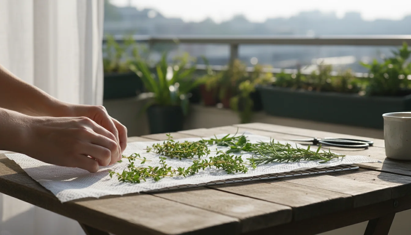 Hands gently spreading freshly harvested thyme and rosemary sprigs onto a white paper towel over a wire rack on a wooden table.