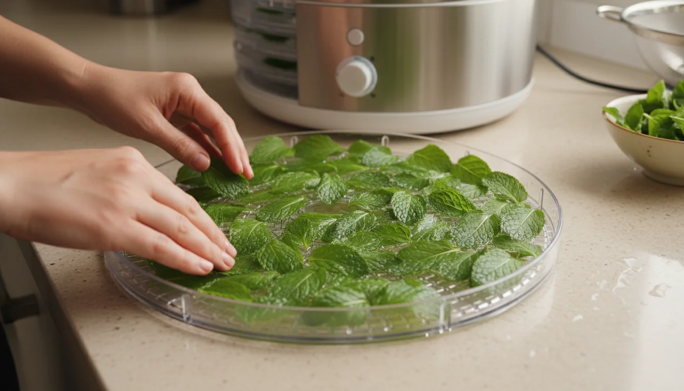 Close-up of hands carefully spreading green mint leaves in a single layer on a clear dehydrator tray on a light kitchen counter.