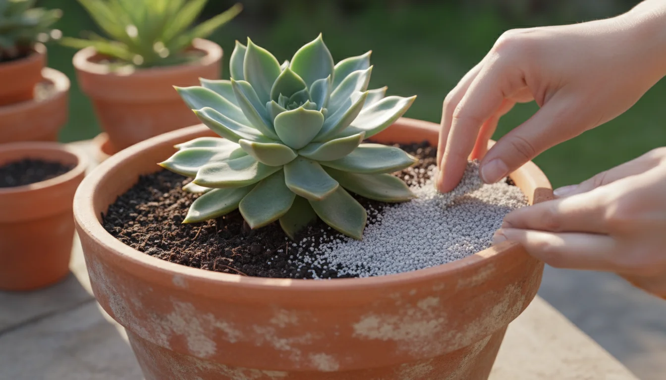 Hands gently spreading light gray horticultural grit over dark soil in a terracotta pot with a green succulent.