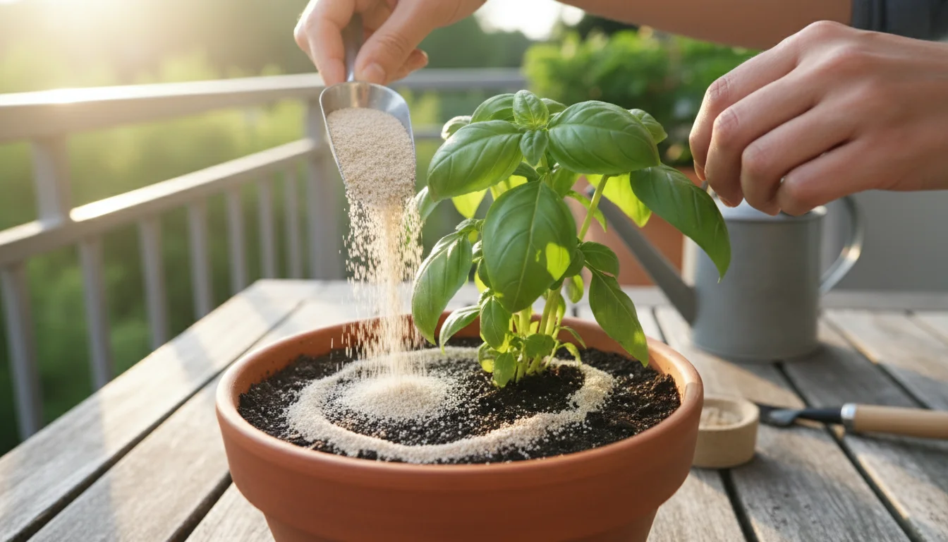 Close-up of hands spreading light horticultural sand over the soil in a terracotta pot with a basil plant, on a wooden table.