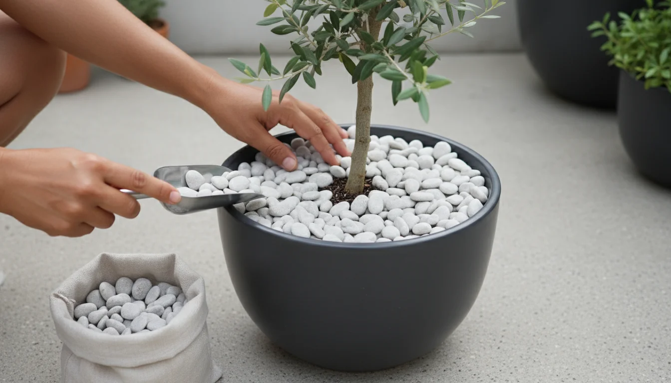 Hands spreading pale grey river pebbles as mulch around a dwarf olive tree in a dark grey container pot on a clean patio.