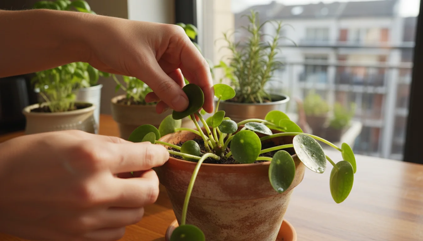 Hands gently spreading Peperomia plant leaves to inspect a stem joint on a sunlit kitchen counter.