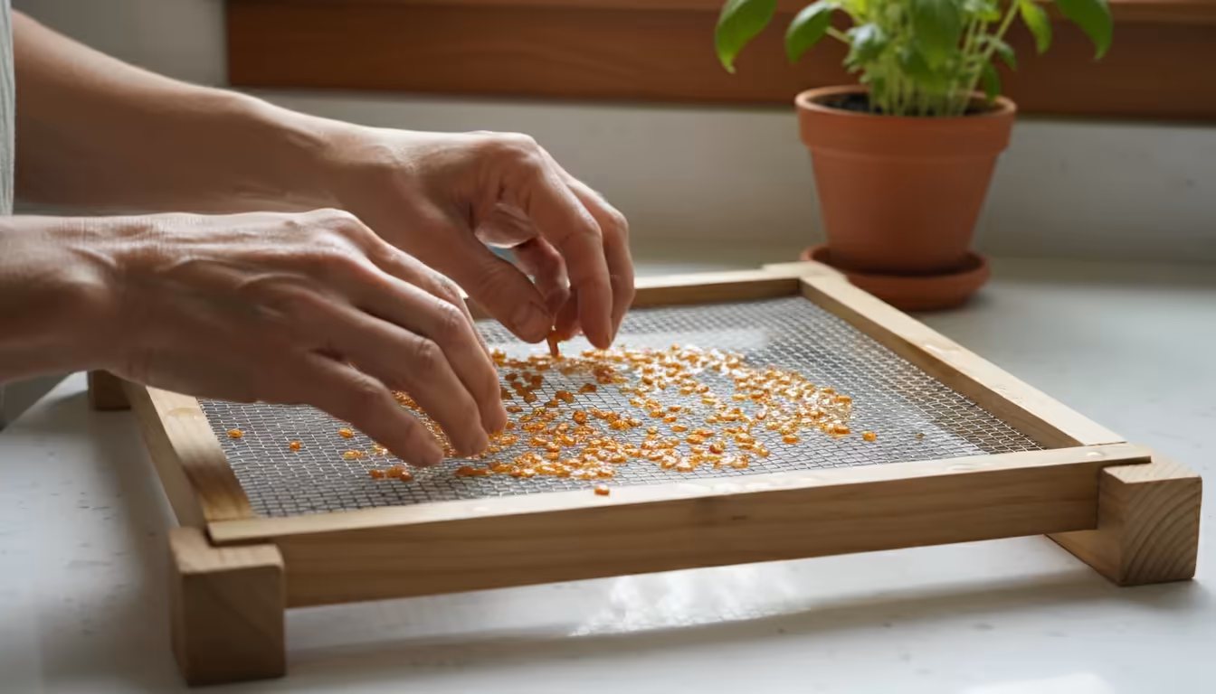 Hands spreading wet tomato seeds on a homemade mesh drying screen, elevated on wooden blocks, on a bright counter with a blurred plant.