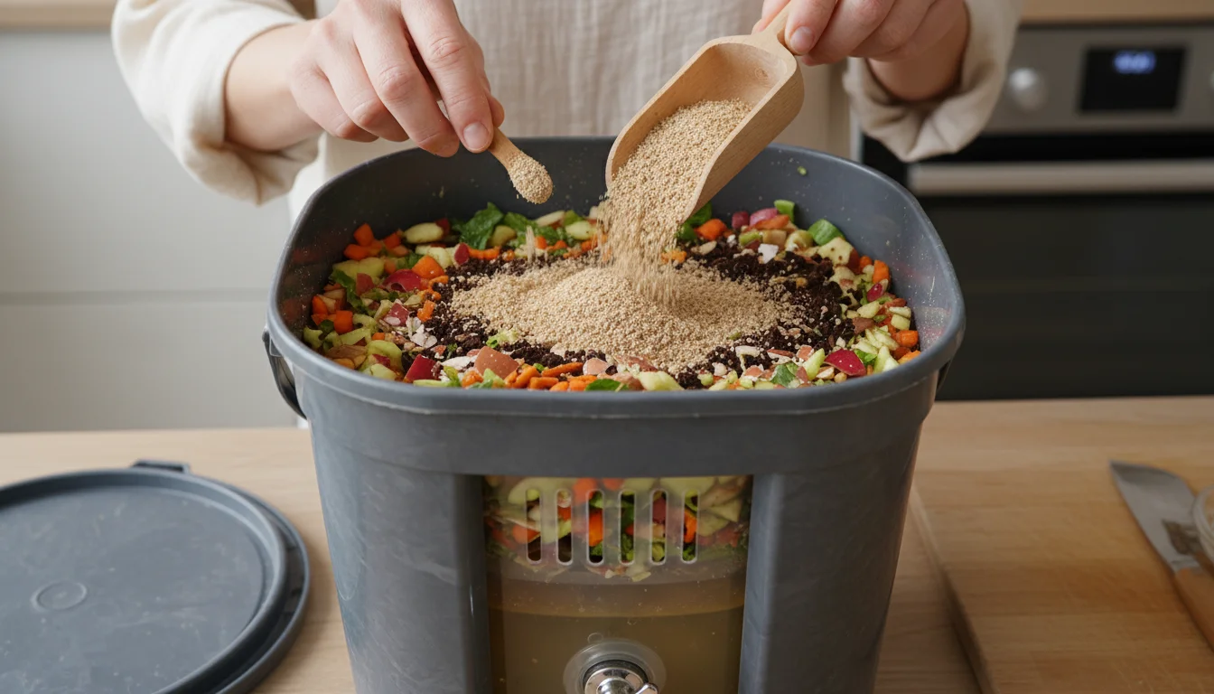 Hands sprinkle bokashi bran over neatly chopped kitchen scraps inside a grey bokashi bucket on a wooden counter, showing the layering process.