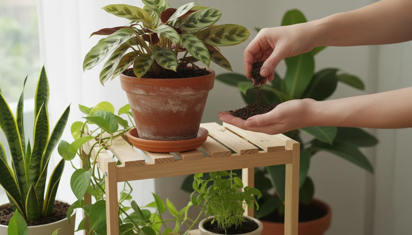 Hands sprinkle dark worm castings on a potted calathea amidst diverse indoor plants on a wooden shelf in a sunlit urban apartment.