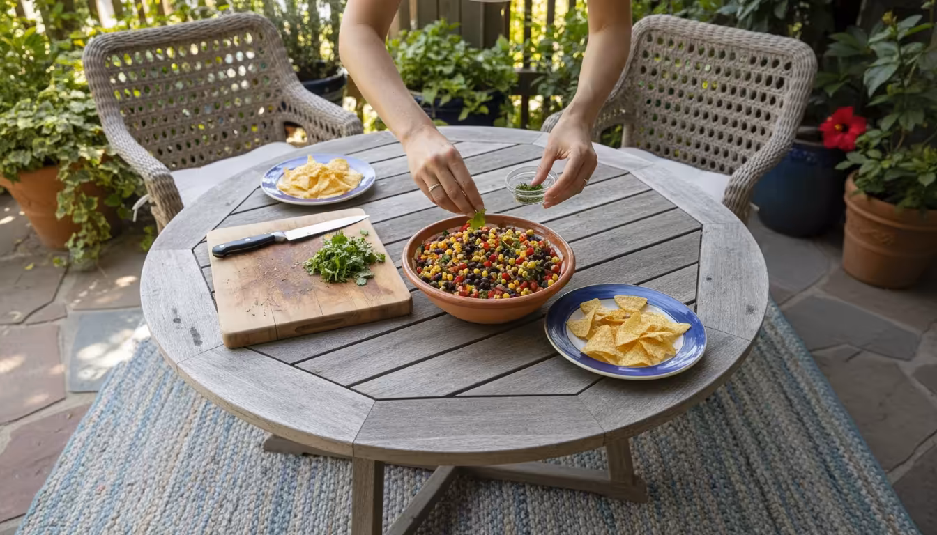 Hands sprinkle fresh chopped cilantro onto a bowl of colorful salsa on a small patio table, with container plants in the soft background.