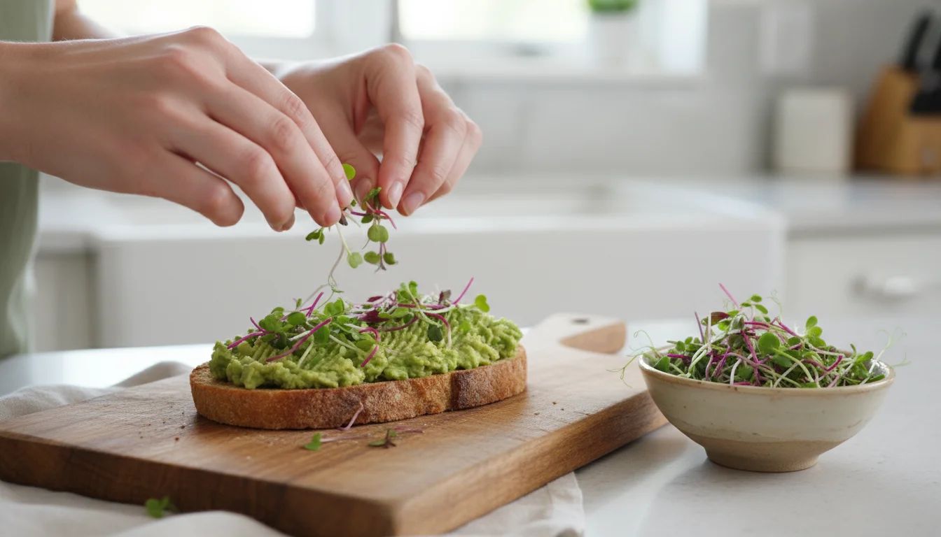 Hands sprinkle fresh microgreens onto avocado toast on a kitchen counter, with a small bowl of extra greens nearby.