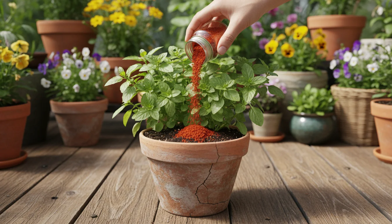 Hands sprinkle red chili powder on soil of an herb plant in a terracotta pot on a balcony, with other plants in background.