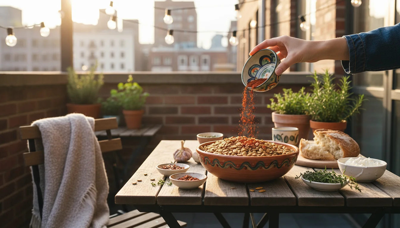 Hands sprinkle smoked paprika onto roasted pumpkin seeds on a patio table, surrounded by other spices in small bowls.