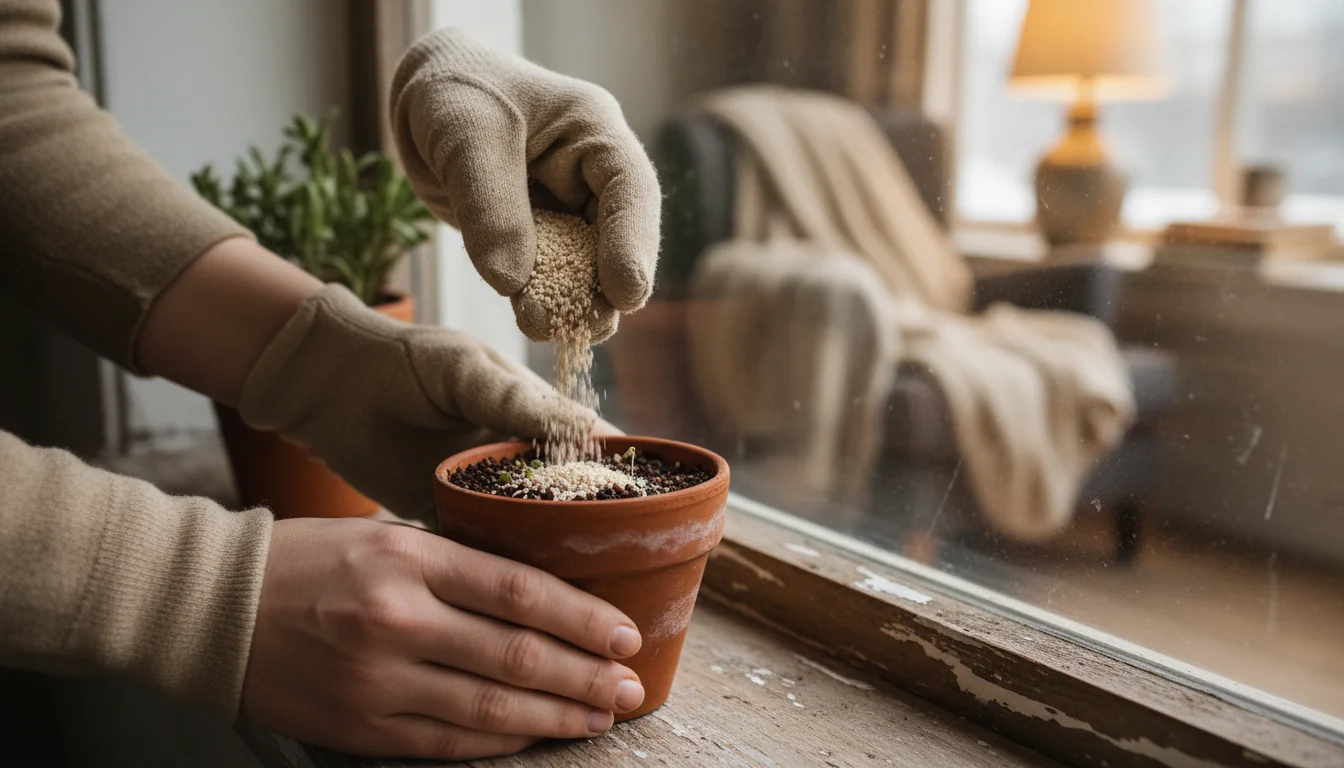 Hands sprinkle vermiculite over Polka Dot Plant seeds in a terracotta pot on a windowsill, with tiny green sprouts visible.