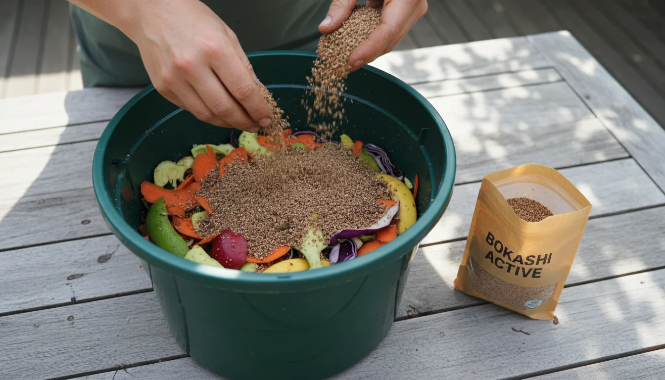 Close-up of hands sprinkling bokashi bran over food scraps inside a dark green bokashi bin on a weathered patio table, with potted plants in the soft