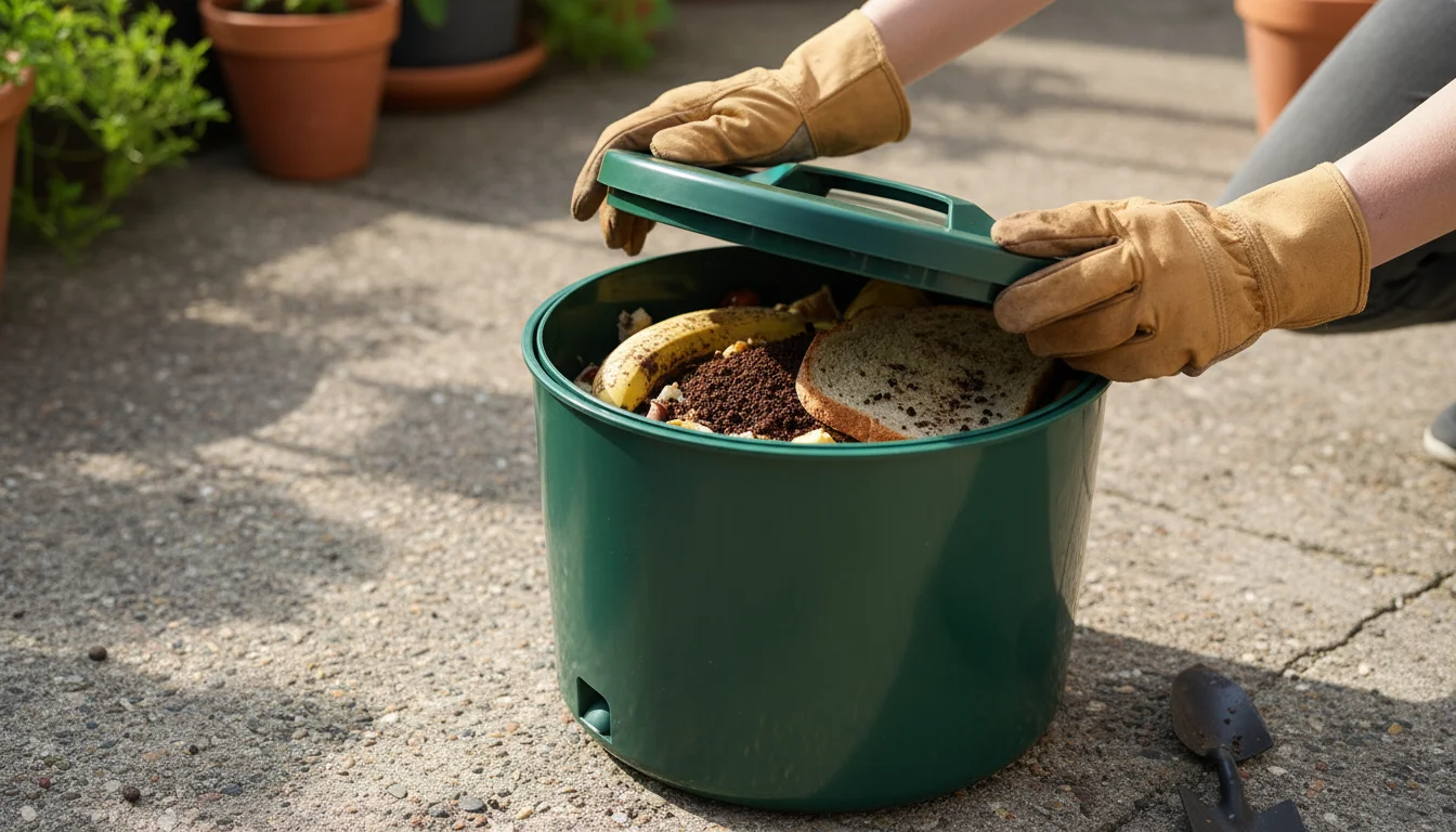 Hands sprinkling Bokashi bran over a mix of food scraps inside a deep green Bokashi composting bin on a sunny patio, with potted plants in the backgro