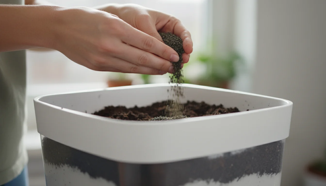 Close-up of hands carefully sprinkling dark organic granular fertilizer into potting mix inside a white self-watering container.