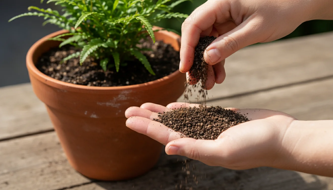 Close-up of hands gently sprinkling dark, rich compost around a healthy native plant in a terracotta pot.