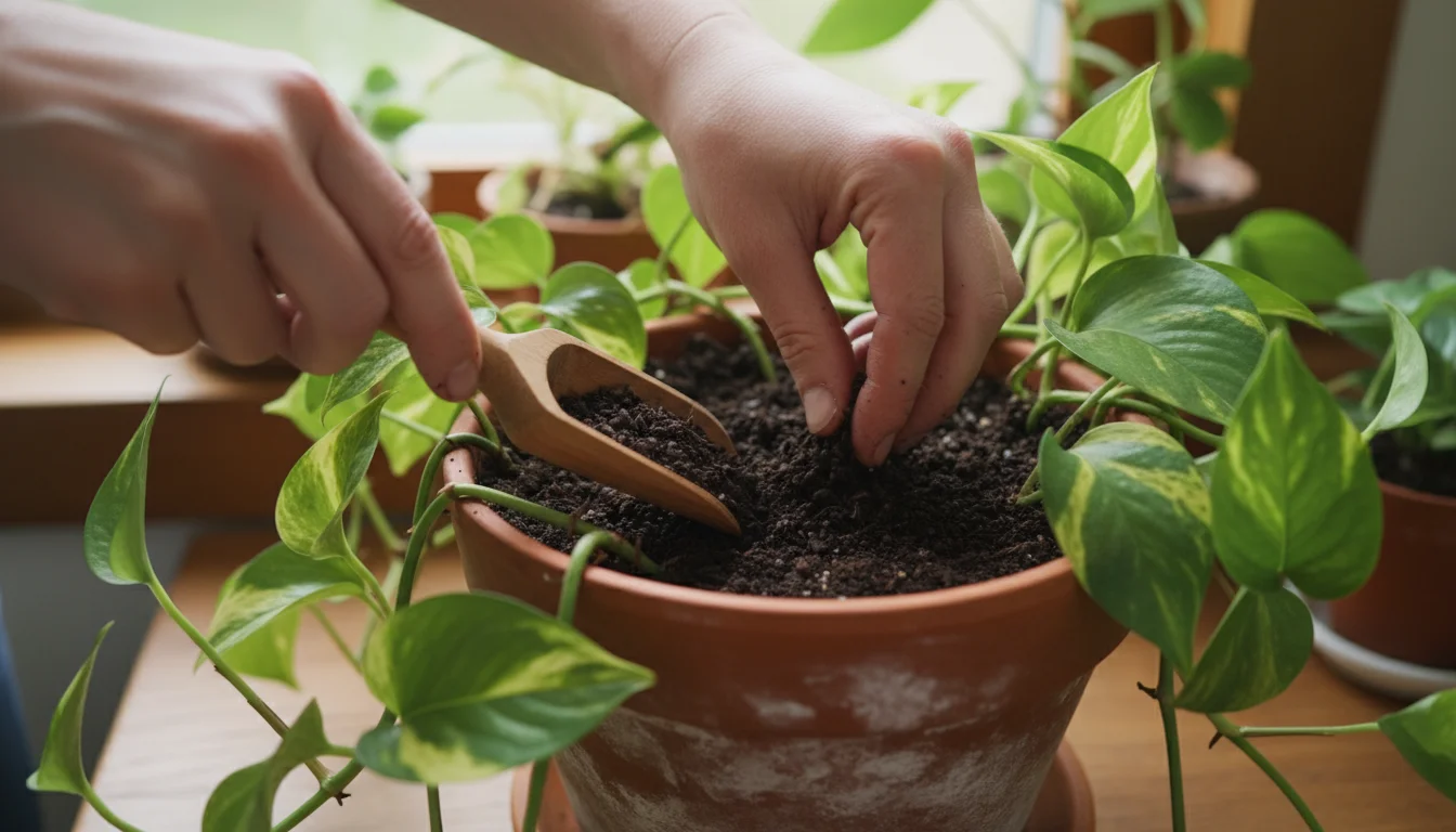 Hands gently sprinkling dark worm castings onto the soil of a potted Pothos houseplant on a bright windowsill.
