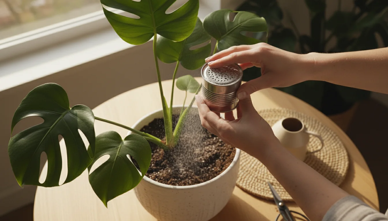 Overhead view of hands gently sprinkling fine, pale powder onto the soil of a healthy potted houseplant in a ceramic pot.