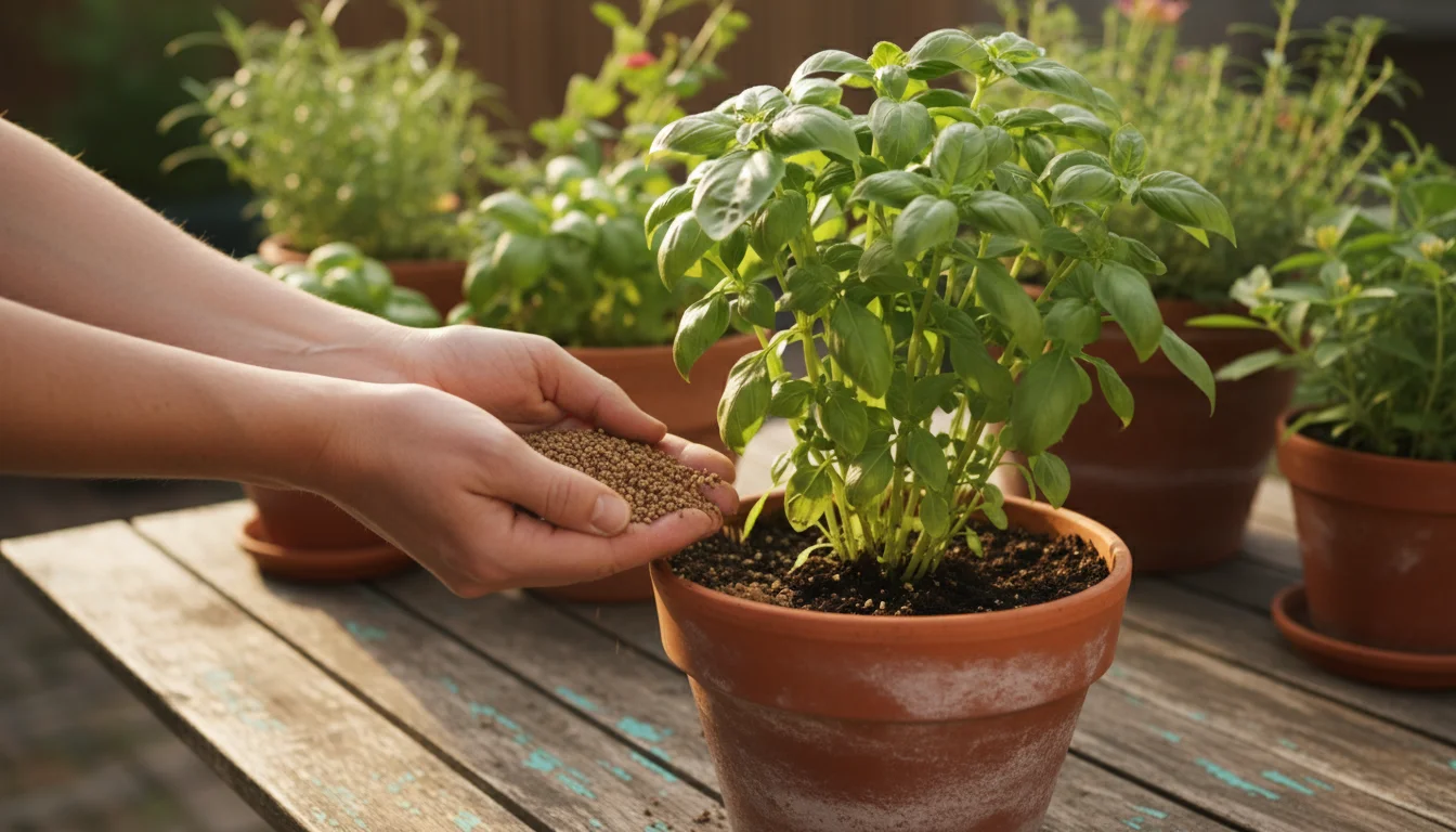 Hands gently sprinkling granular organic fertilizer around a healthy basil plant in a terracotta pot on a sunlit patio.