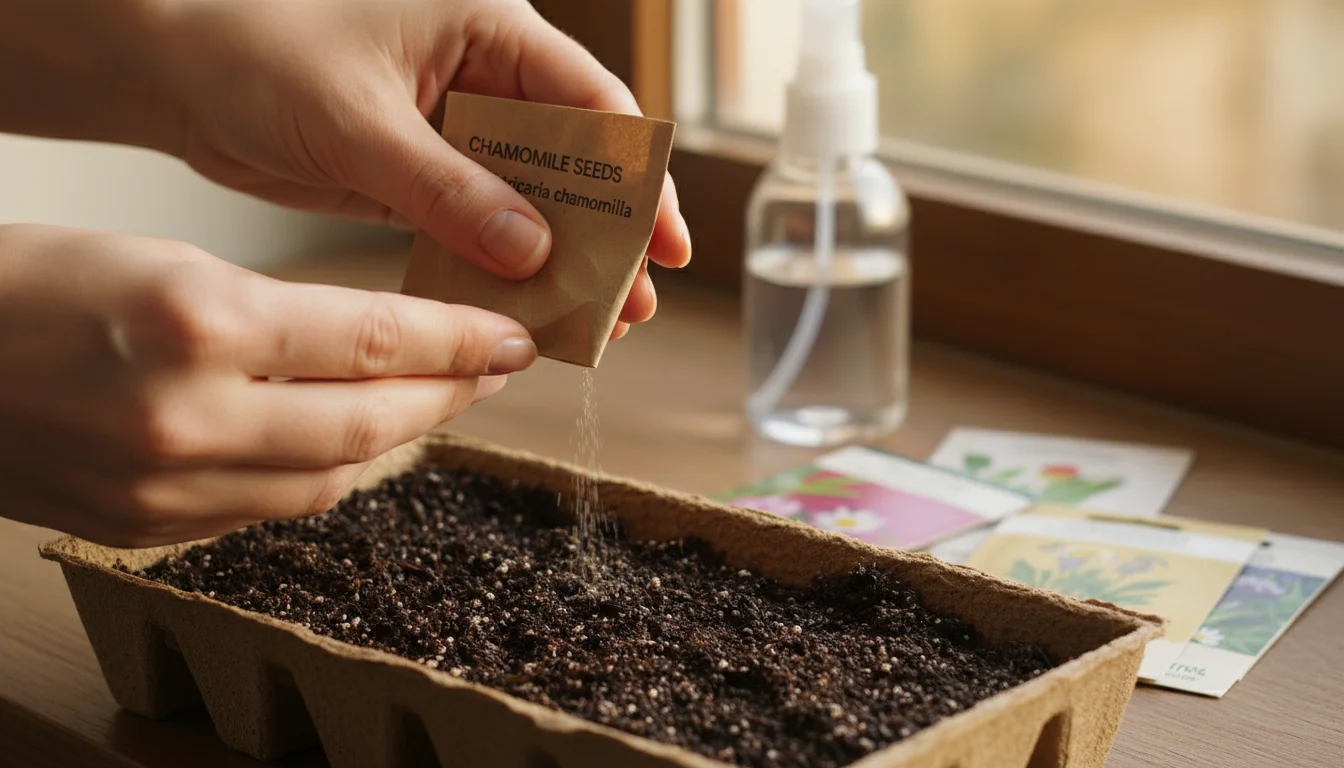 Hands carefully sprinkling tiny chamomile seeds onto moist soil in a small seed tray, with a spray bottle nearby.
