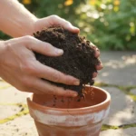 Hands gently squeeze a clump of dark, damp leaf mold-enriched soil over an empty terracotta pot on a patio.