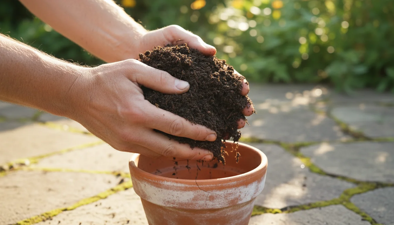 Hands gently squeeze a clump of dark, damp leaf mold-enriched soil over an empty terracotta pot on a patio.