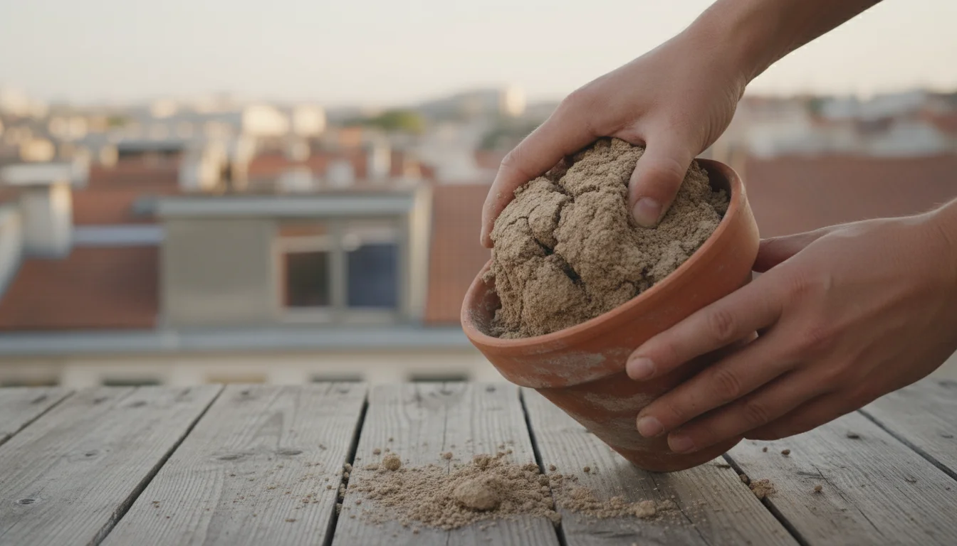 Close-up of hands squeezing a compacted, dry clump of light brown potting mix from a weathered terracotta pot on a sunny urban balcony.