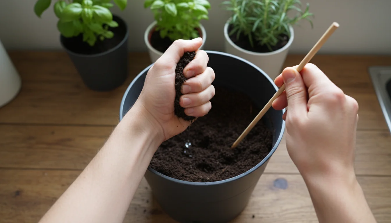 Overhead shot of hands squeezing dark compost in a small bin, showing a drop of moisture. An aeration stick is poised above.