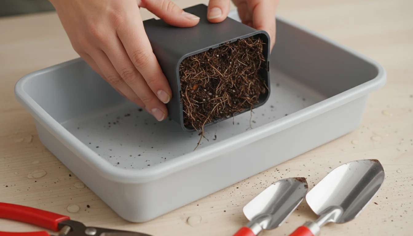 Hands gently squeezing an old nursery pot on its side in a tray, plant's root ball emerging. New pot with soil visible.
