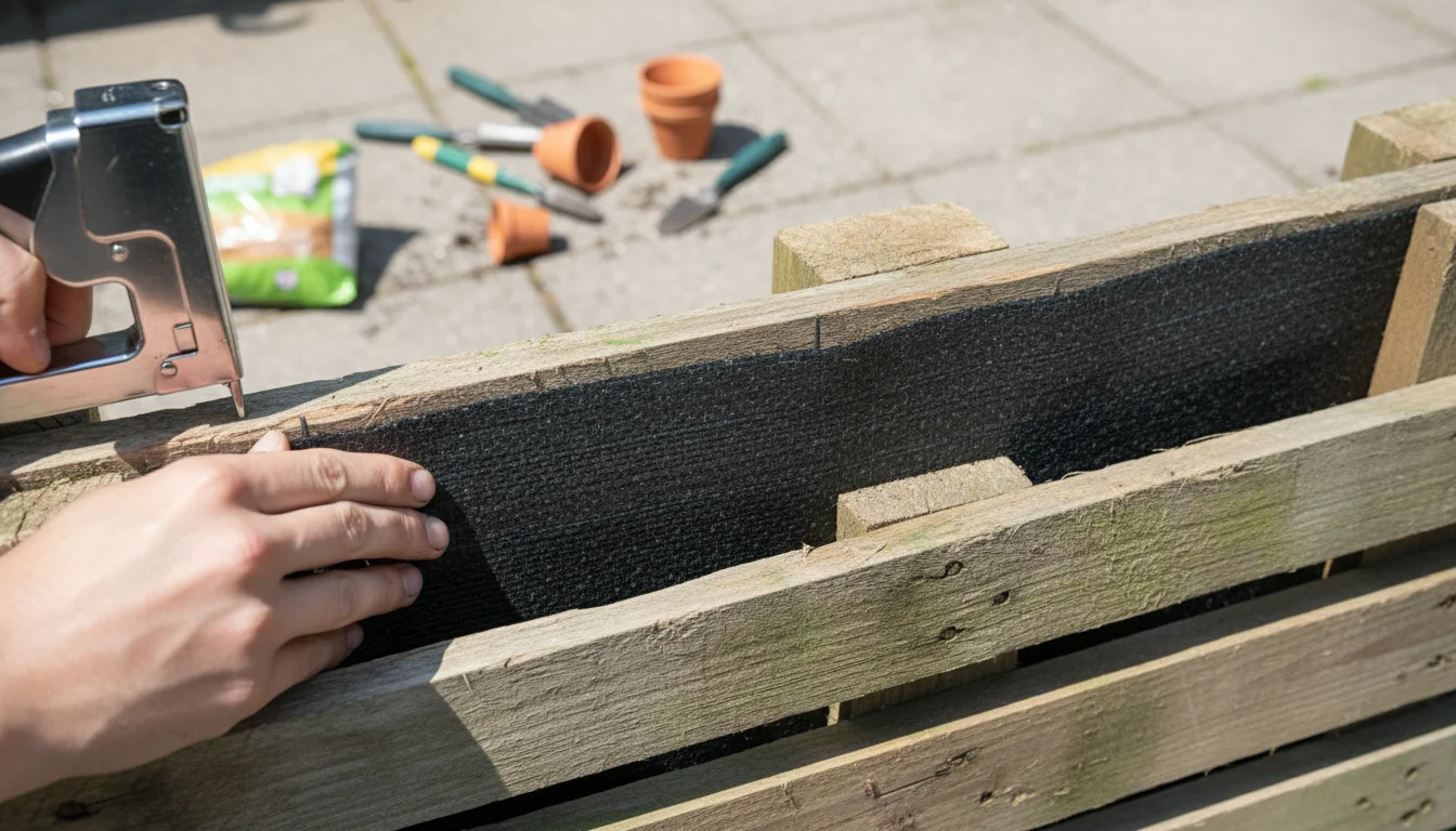 Close-up of hands stapling dark landscaping fabric to the underside of a weathered pallet's top plank, securing a planting pocket's back edge.