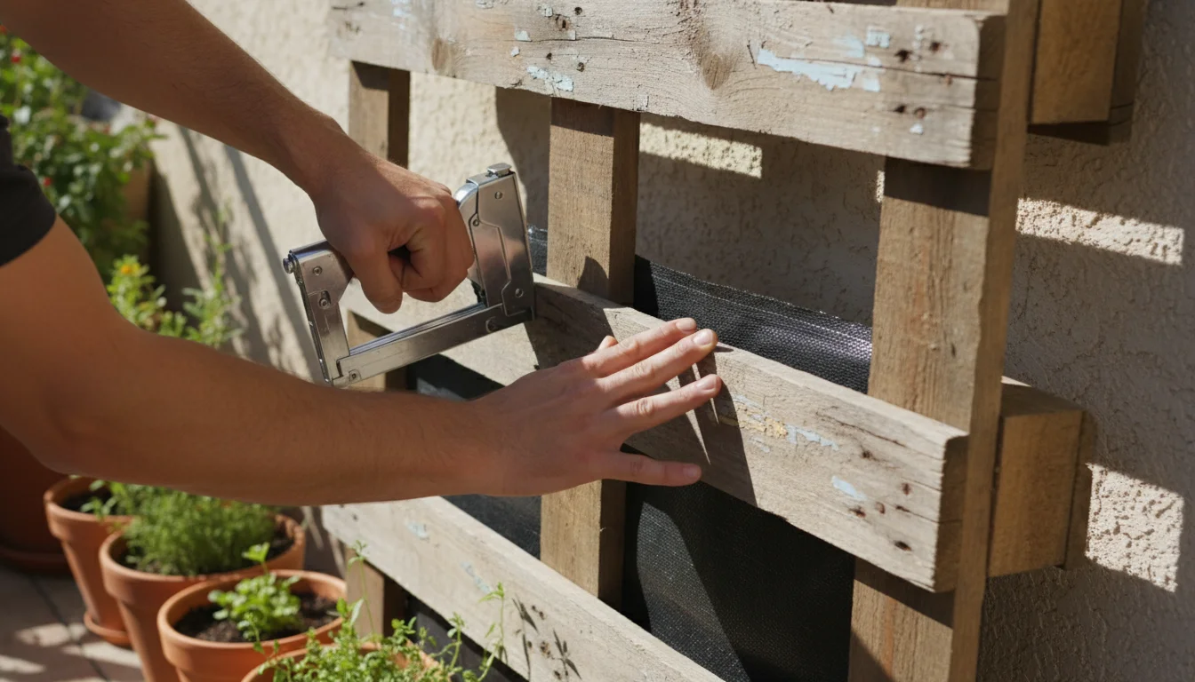 Close-up of hands stapling dark landscaping fabric into a wooden pallet slat to form a planting pouch on a bright patio.