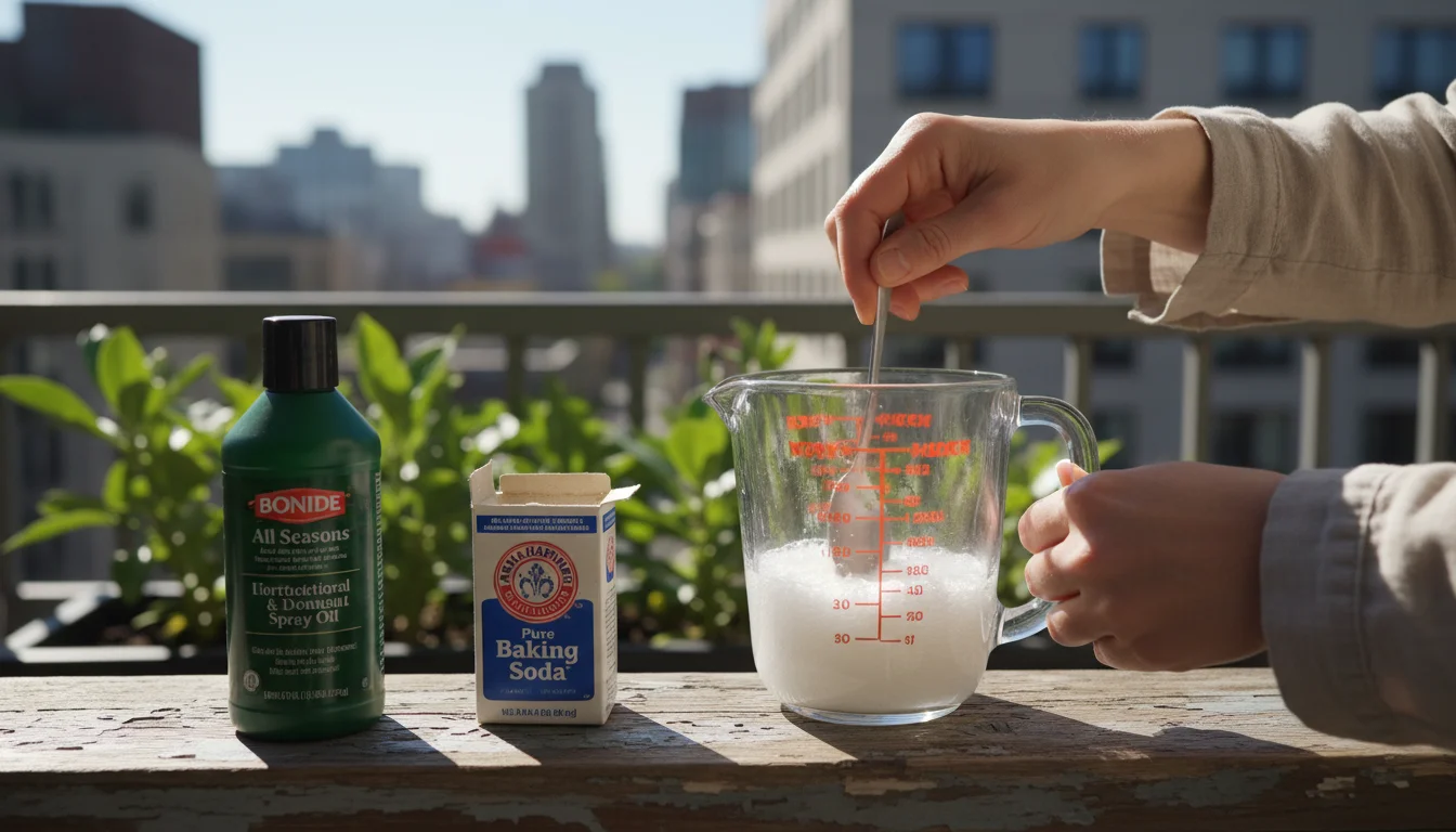 Hands stir a baking soda and water mixture in a glass jug on a wooden balcony railing, with ingredients nearby.