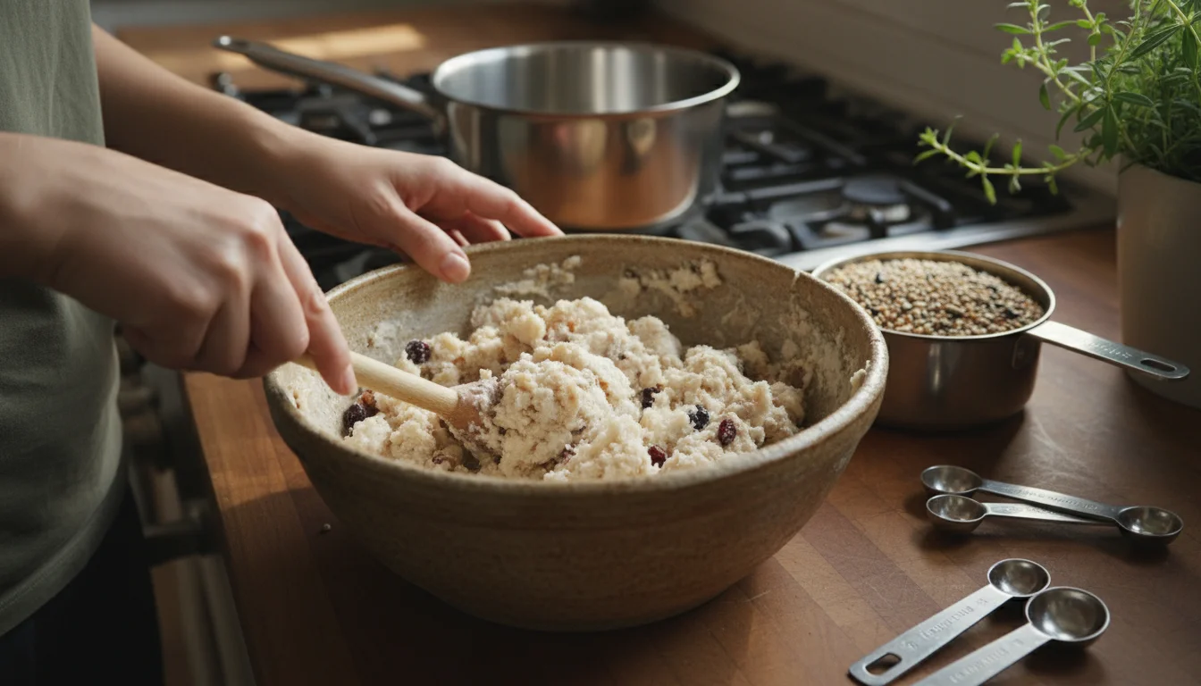 Hands stir thick suet in a ceramic bowl on a kitchen island, with a saucepan, measuring cup, and spoons nearby.