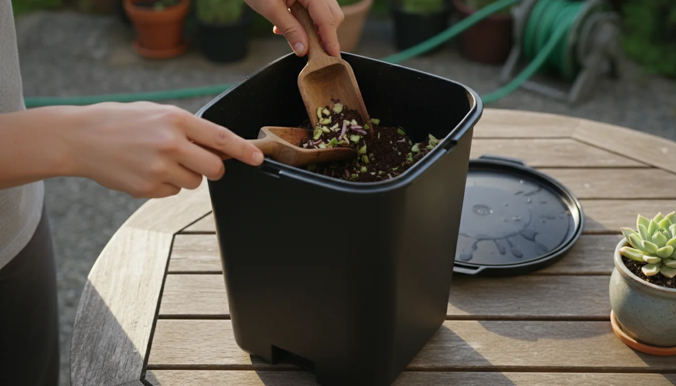 Close-up of hands stirring kitchen scraps in a compact bokashi composting bin on a patio table, with blurred container plants in the background.