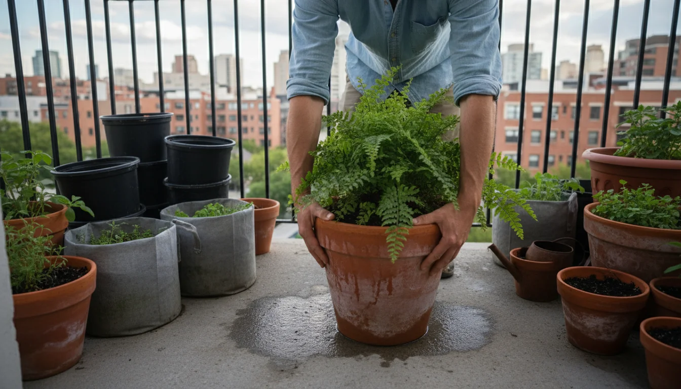 Hands strain to slide a large, heavy terra cotta pot with a leafy plant across a compact urban balcony, surrounded by other diverse planters.