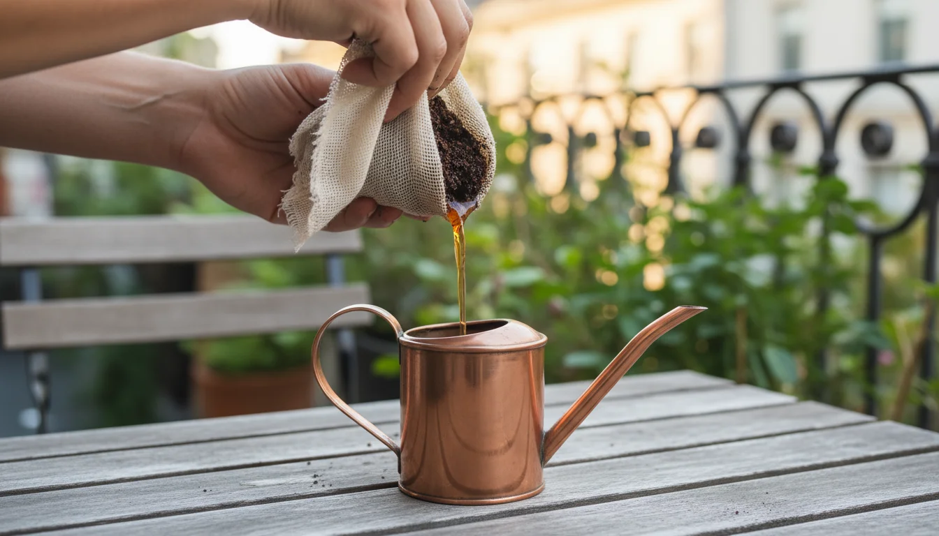 Hands straining dark brown worm casting 'tea' through cheesecloth into a small copper watering can on a wooden table, with blurred container plants.
